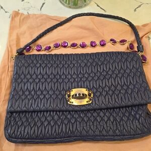 Pre Iove Miu Miu Quilted Leather Shoulder Bag in Navy with Gemstone Chain
